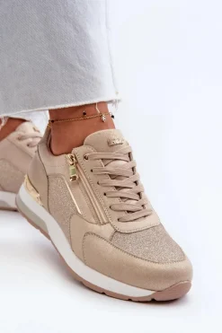 Sneakersy Damskie Z Brokatem I Suwakiem INBLU IN000365 Beżowe