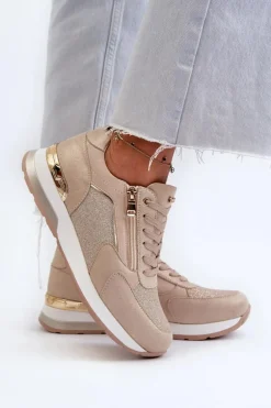 Sneakersy Damskie Z Brokatem I Suwakiem INBLU IN000365 Beżowe