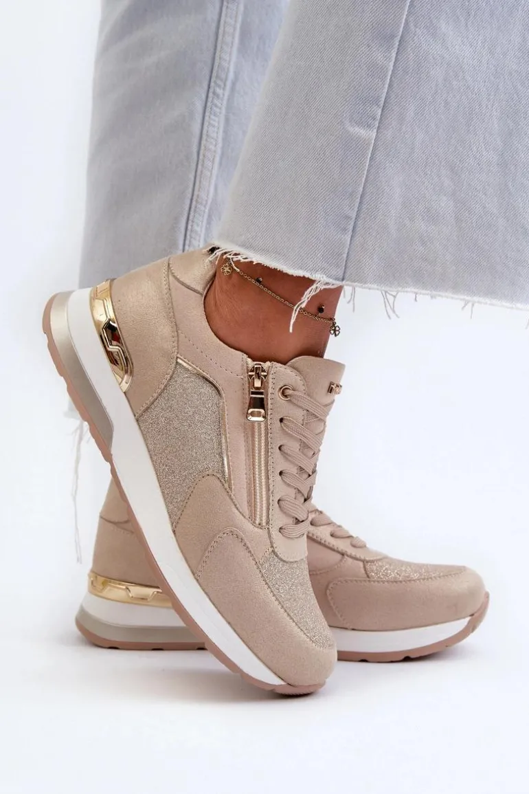 Sneakersy Damskie Z Brokatem I Suwakiem INBLU IN000365 Beżowe