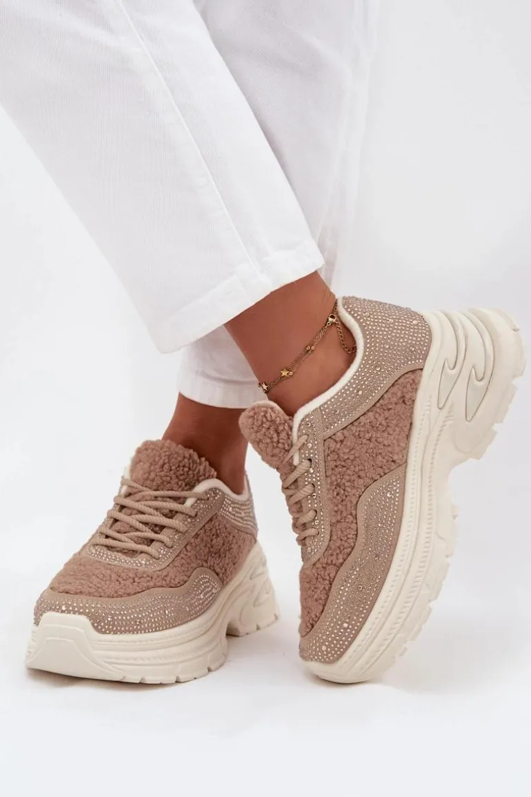 Sneakersy Damskie Z Cyrkoniami I Futerkiem Typu Baranek Beżowe Zarika