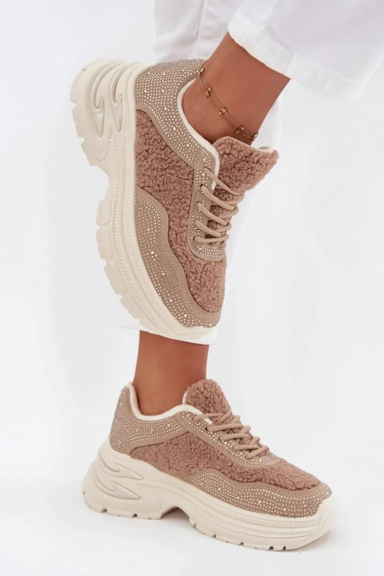 Sneakersy Damskie Z Cyrkoniami I Futerkiem Typu Baranek Beżowe Zarika