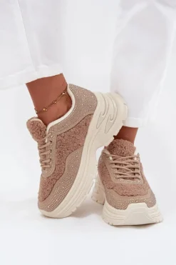 Sneakersy Damskie Z Cyrkoniami I Futerkiem Typu Baranek Beżowe Zarika