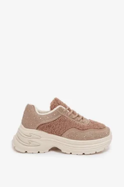 Sneakersy Damskie Z Cyrkoniami I Futerkiem Typu Baranek Beżowe Zarika