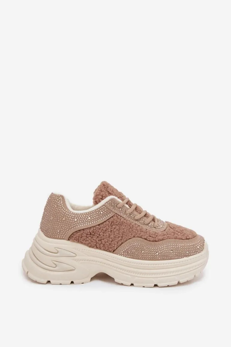 Sneakersy Damskie Z Cyrkoniami I Futerkiem Typu Baranek Beżowe Zarika