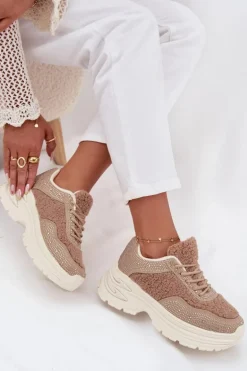 Sneakersy Damskie Z Cyrkoniami I Futerkiem Typu Baranek Beżowe Zarika