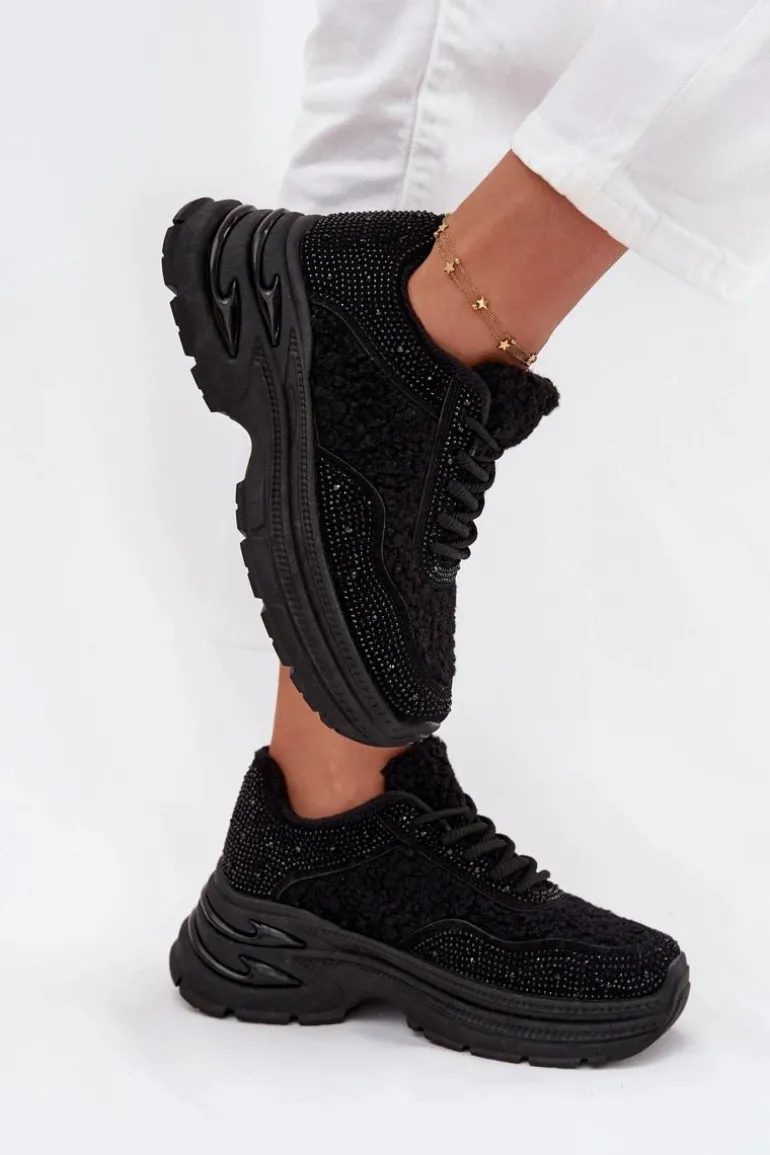 Sneakersy Damskie Z Cyrkoniami I Futerkiem Typu Baranek Czarne Zarika