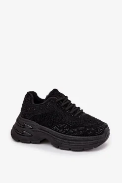 Sneakersy Damskie Z Cyrkoniami I Futerkiem Typu Baranek Czarne Zarika