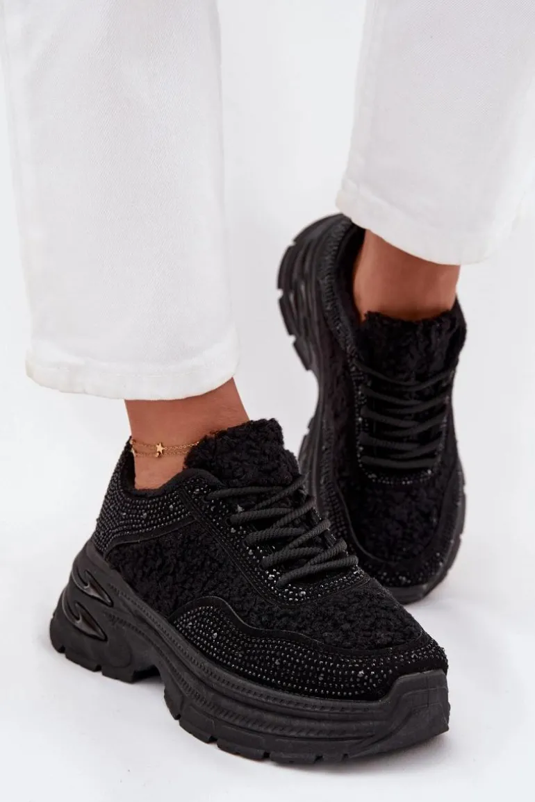 Sneakersy Damskie Z Cyrkoniami I Futerkiem Typu Baranek Czarne Zarika