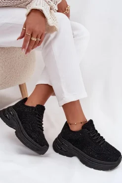 Sneakersy Damskie Z Cyrkoniami I Futerkiem Typu Baranek Czarne Zarika
