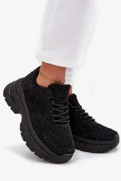 Sneakersy Damskie Z Cyrkoniami I Futerkiem Typu Baranek Czarne Zarika