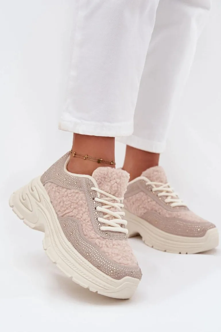 Sneakersy Damskie Z Cyrkoniami I Futerkiem Typu Baranek Jasnobeżowe Zarika