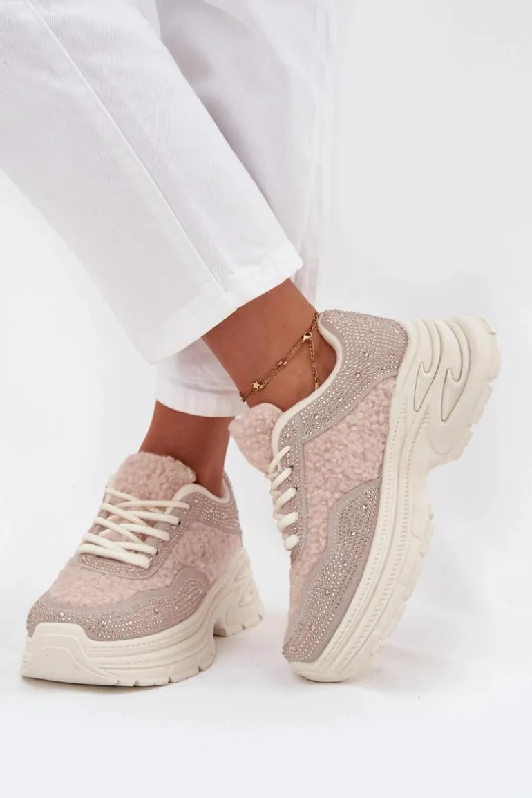 Sneakersy Damskie Z Cyrkoniami I Futerkiem Typu Baranek Jasnobeżowe Zarika