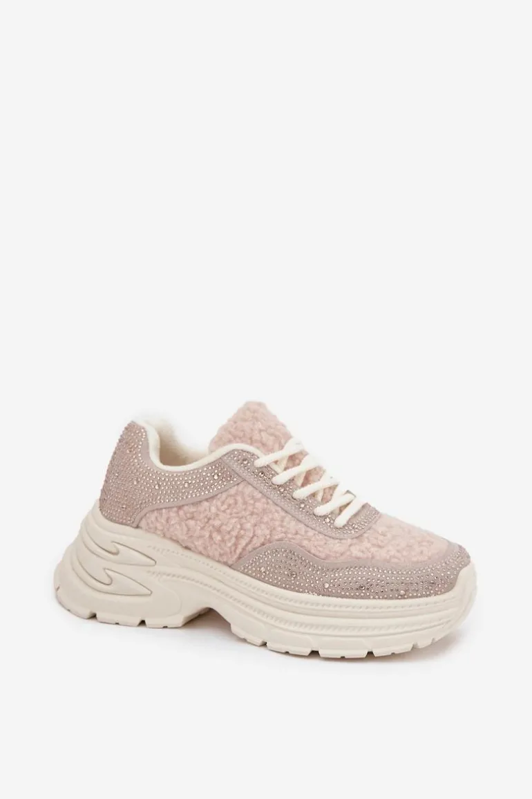 Sneakersy Damskie Z Cyrkoniami I Futerkiem Typu Baranek Jasnobeżowe Zarika