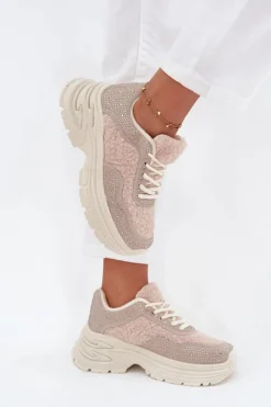 Sneakersy Damskie Z Cyrkoniami I Futerkiem Typu Baranek Jasnobeżowe Zarika