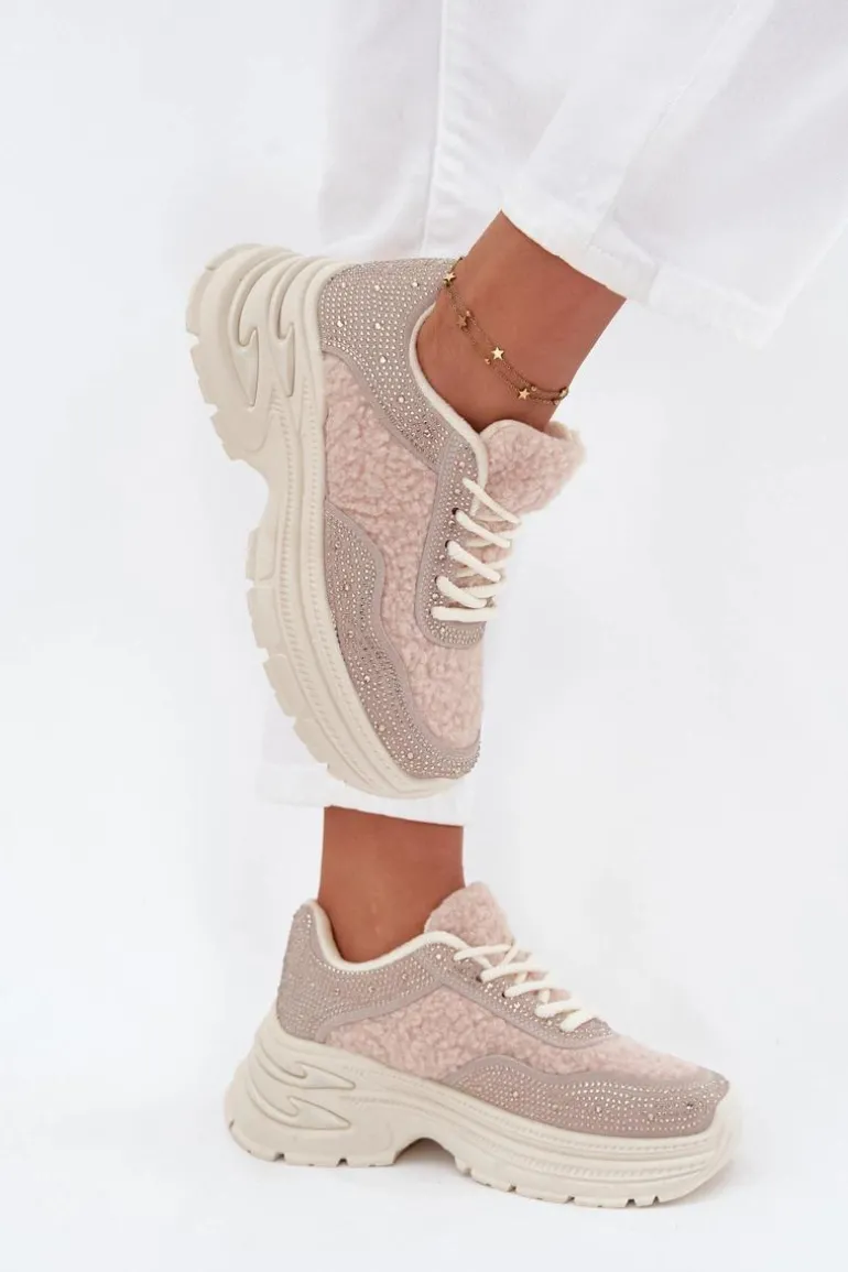 Sneakersy Damskie Z Cyrkoniami I Futerkiem Typu Baranek Jasnobeżowe Zarika