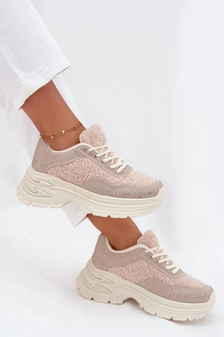Sneakersy Damskie Z Cyrkoniami I Futerkiem Typu Baranek Jasnobeżowe Zarika