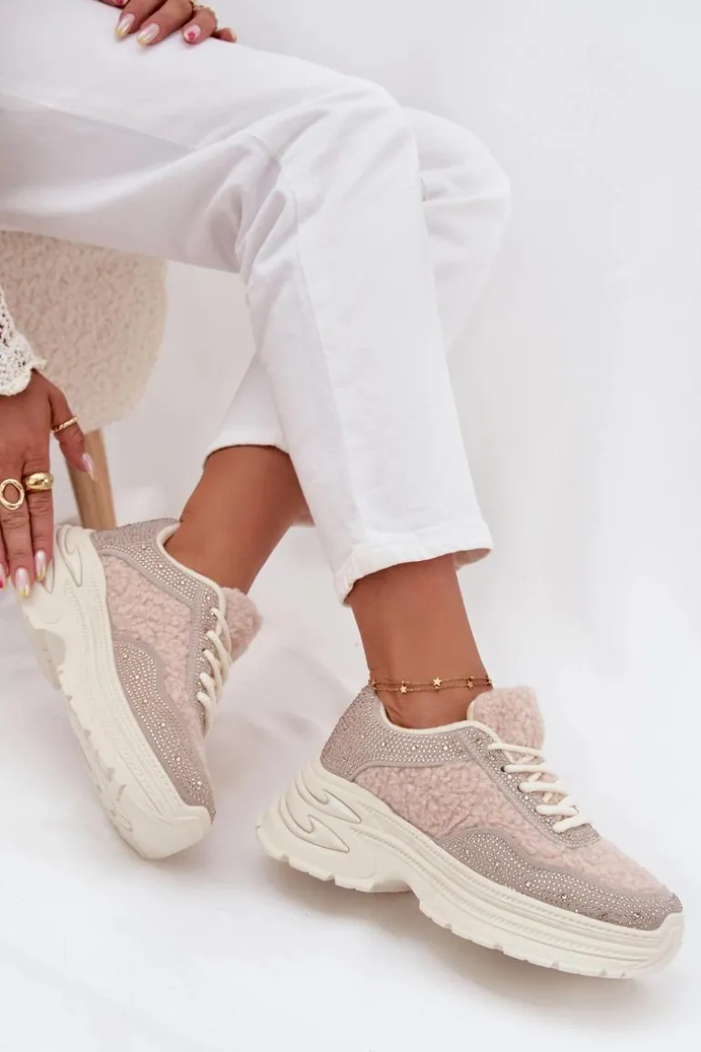 Sneakersy Damskie Z Cyrkoniami I Futerkiem Typu Baranek Jasnobeżowe Zarika
