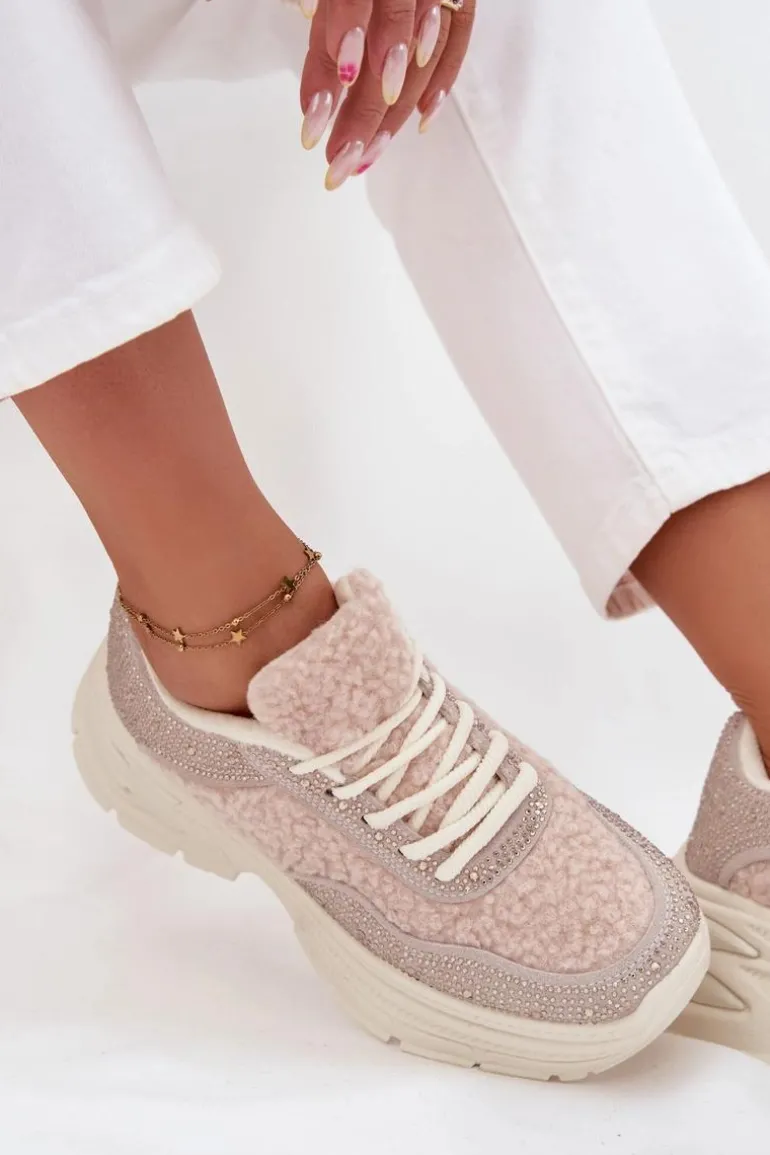 Sneakersy Damskie Z Cyrkoniami I Futerkiem Typu Baranek Jasnobeżowe Zarika