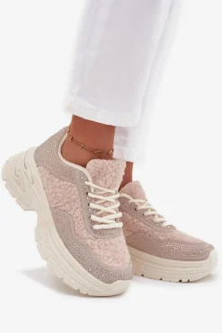 Sneakersy Damskie Z Cyrkoniami I Futerkiem Typu Baranek Jasnobeżowe Zarika
