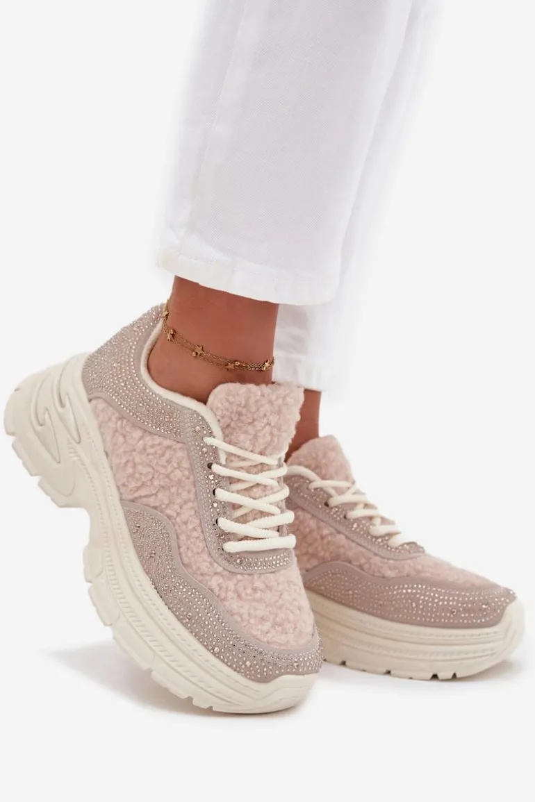 Sneakersy Damskie Z Cyrkoniami I Futerkiem Typu Baranek Jasnobeżowe Zarika