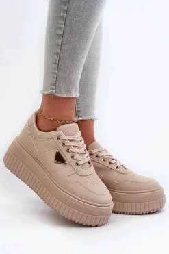 Sneakersy Damskie Z Eko Skóry Na Masywnej Platformie Beżowe Chrisstin