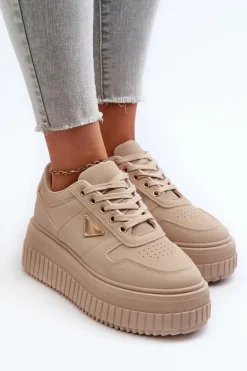 Sneakersy Damskie Z Eko Skóry Na Masywnej Platformie Beżowe Chrisstin