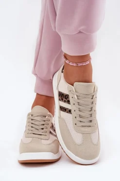 Sneakersy Damskie Z Eko Zamszu Panterka Beżowe Marinils
