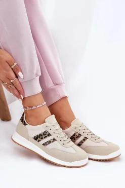 Sneakersy Damskie Z Eko Zamszu Panterka Beżowe Marinils