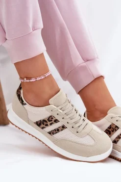 Sneakersy Damskie Z Eko Zamszu Panterka Beżowe Marinils
