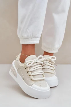 Sneakersy Damskie Z Grubymi Sznurówkami Na Platformie Beżowe Laloma