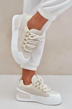 Sneakersy Damskie Z Grubymi Sznurówkami Na Platformie Beżowe Laloma
