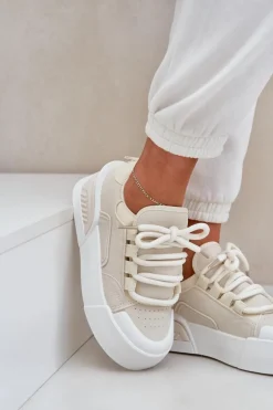Sneakersy Damskie Z Grubymi Sznurówkami Na Platformie Beżowe Laloma