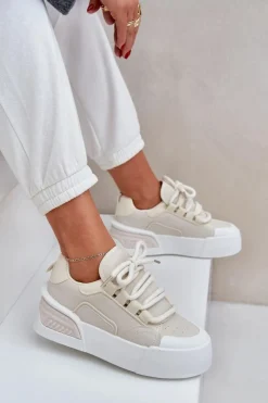 Sneakersy Damskie Z Grubymi Sznurówkami Na Platformie Beżowe Laloma