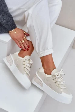 Sneakersy Damskie Z Grubymi Sznurówkami Na Platformie Beżowe Laloma