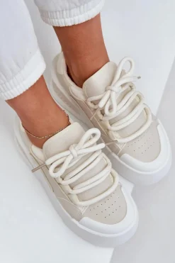 Sneakersy Damskie Z Grubymi Sznurówkami Na Platformie Beżowe Laloma