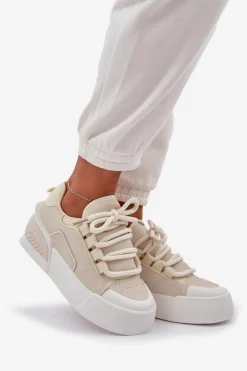 Sneakersy Damskie Z Grubymi Sznurówkami Na Platformie Beżowe Laloma