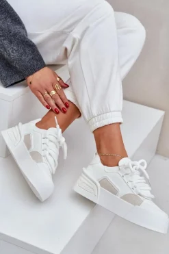 Sneakersy Damskie Z Grubymi Sznurówkami Na Platformie Białe Laloma