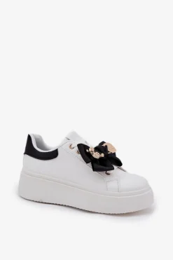 Sneakersy Damskie Z Kokardką I Broszką Z Misiem Biało-Czarne Leathria