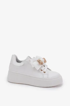 Sneakersy Damskie Z Kokardką I Broszką Z Misiem Białe Leathria