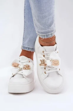 Sneakersy Damskie Z Kokardką I Broszką Z Misiem Białe Leathria