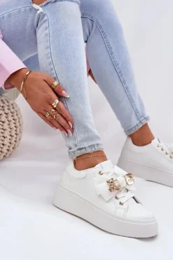 Sneakersy Damskie Z Kokardką I Broszką Z Misiem Białe Leathria