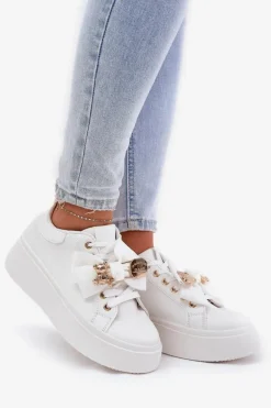 Sneakersy Damskie Z Kokardką I Broszką Z Misiem Białe Leathria