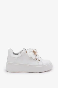 Sneakersy Damskie Z Kokardką I Broszką Z Misiem Białe Leathria