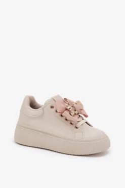 Sneakersy Damskie Z Kokardką I Broszką Z Misiem Beżowe Leathria