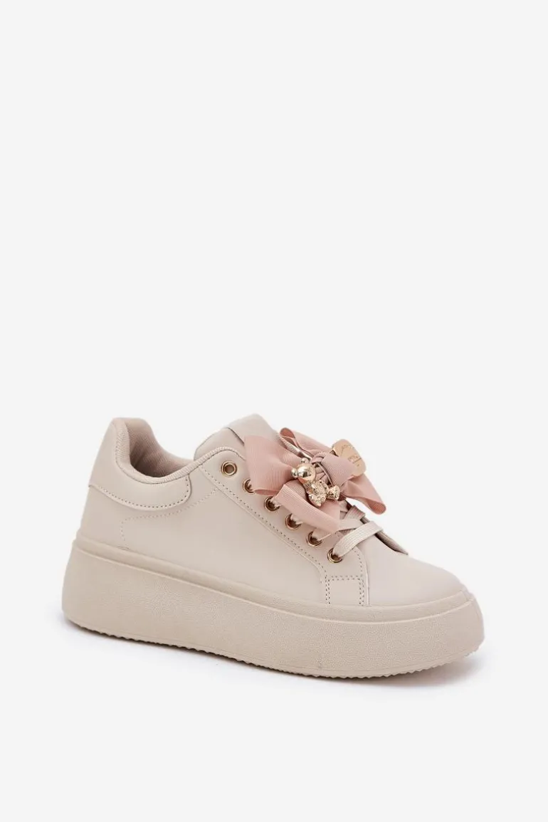 Sneakersy Damskie Z Kokardką I Broszką Z Misiem Beżowe Leathria