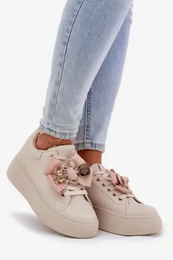 Sneakersy Damskie Z Kokardką I Broszką Z Misiem Beżowe Leathria