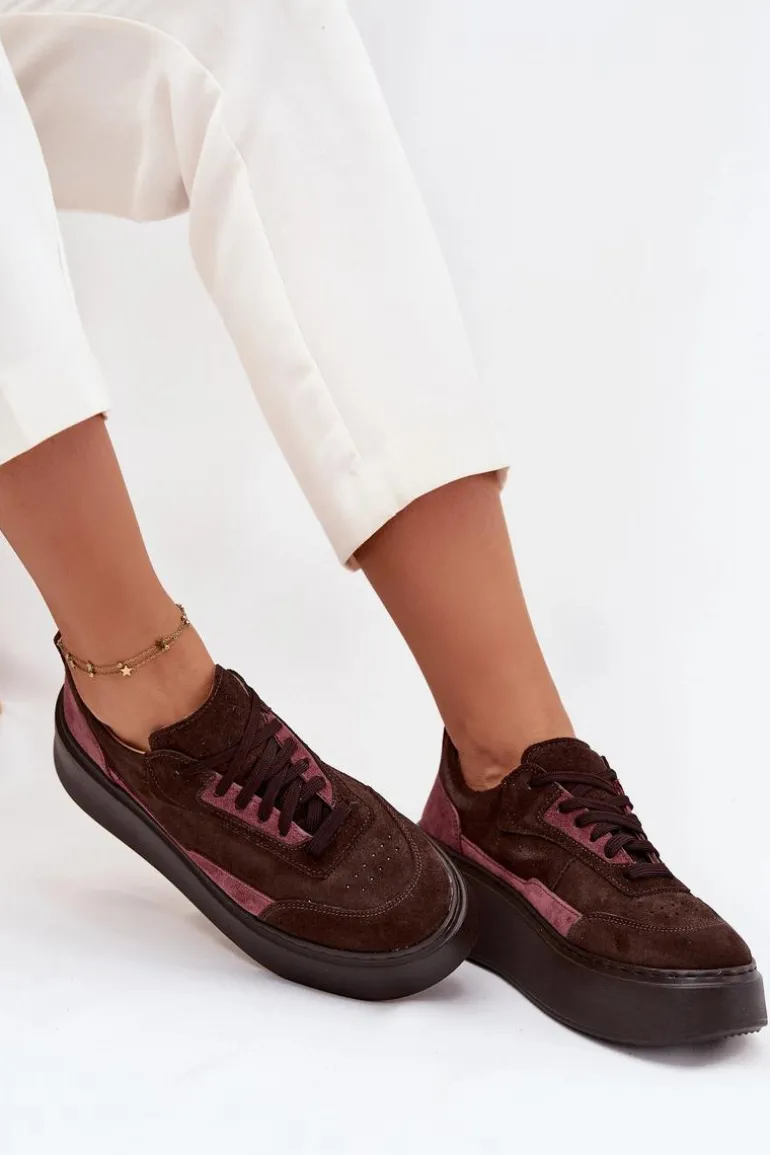 Sneakersy Damskie Z Naturalnego Zamszu Na Platformie Zazoo N1265S3 Czekoladowe