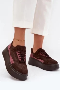 Sneakersy Damskie Z Naturalnego Zamszu Na Platformie Zazoo N1265S3 Czekoladowe