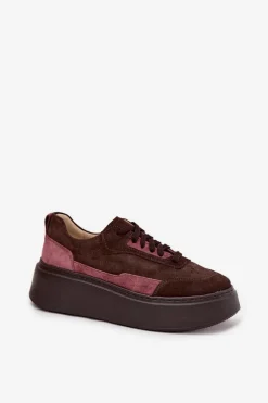 Sneakersy Damskie Z Naturalnego Zamszu Na Platformie Zazoo N1265S3 Czekoladowe