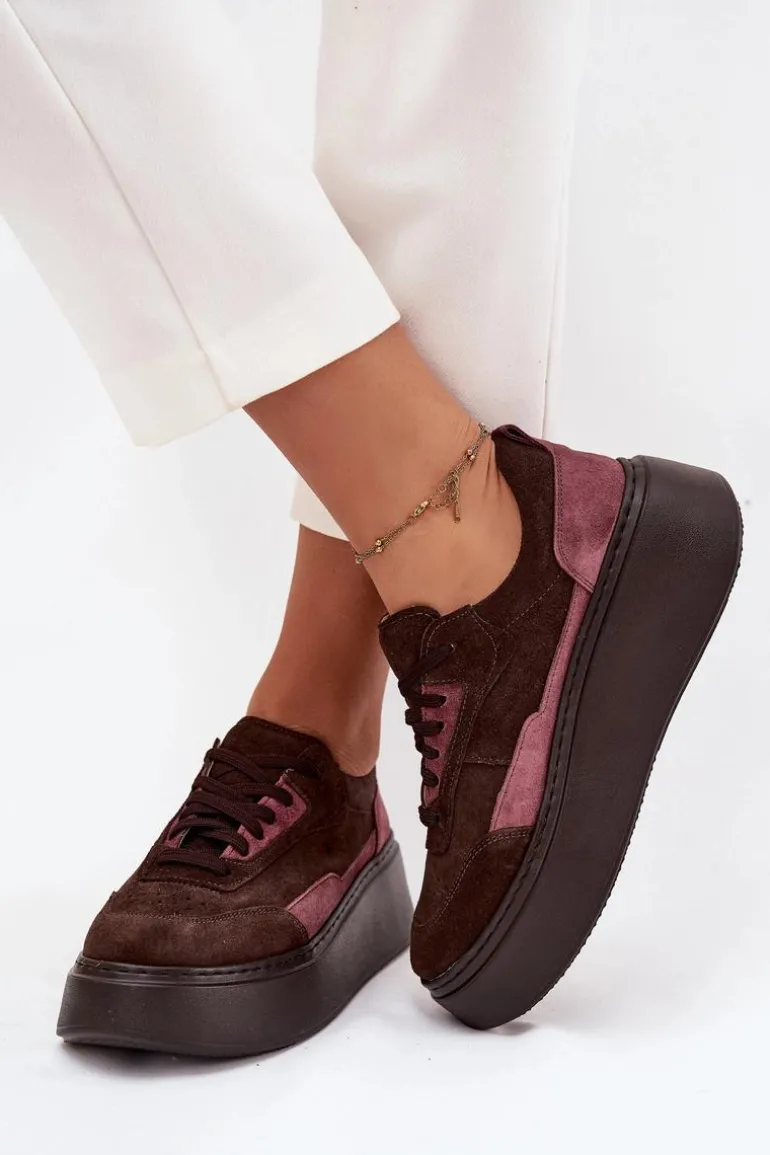 Sneakersy Damskie Z Naturalnego Zamszu Na Platformie Zazoo N1265S3 Czekoladowe